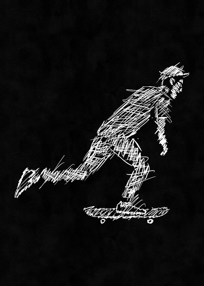 Skateboarder Sketch on Black Background