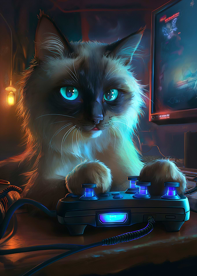 Gamer Cat with Controller and Screen