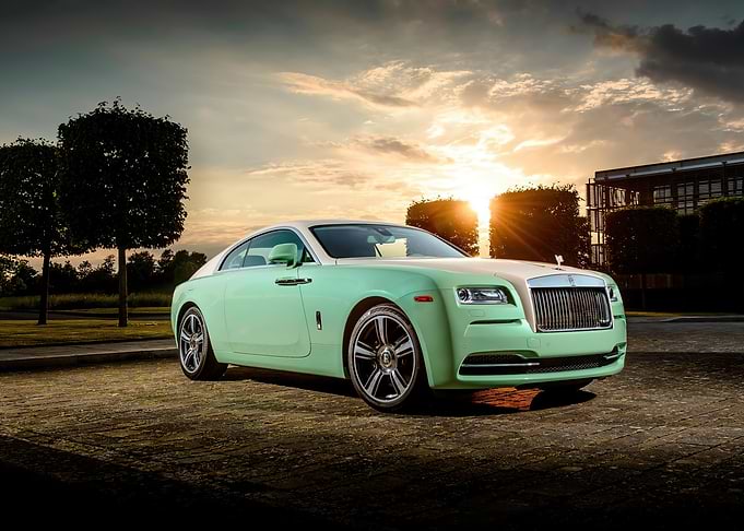 Mint Green Rolls Royce at Sunset