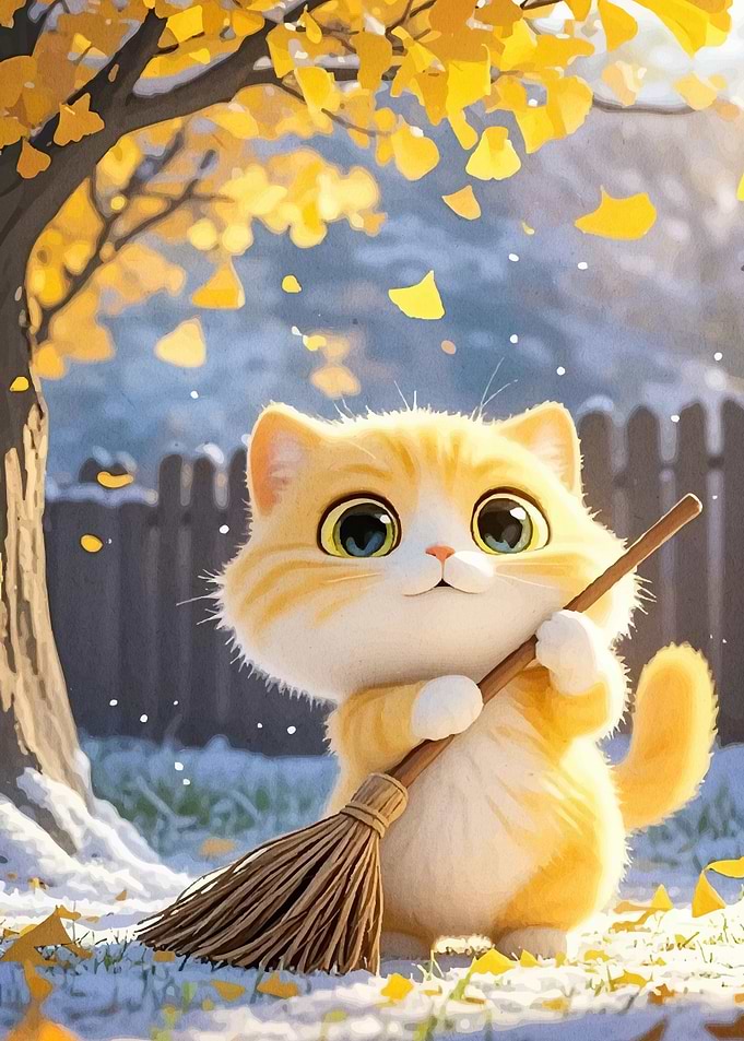 Cute Cat Broom Autumn