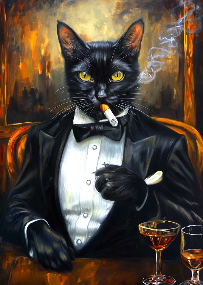 Sophisticated Cat in Tuxedo with Cigarette