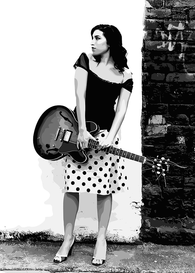 Amy Winehouse with Guitar, Black and White