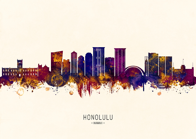 Honolulu Hawaii Skyline Watercolor