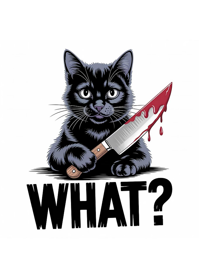 Funny Black Cat with Knife - 'WHAT?'