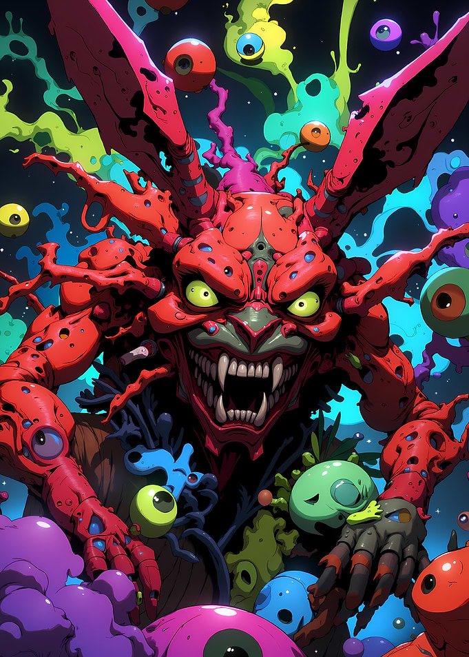 Creepy Red Monster with Floating Eyeballs