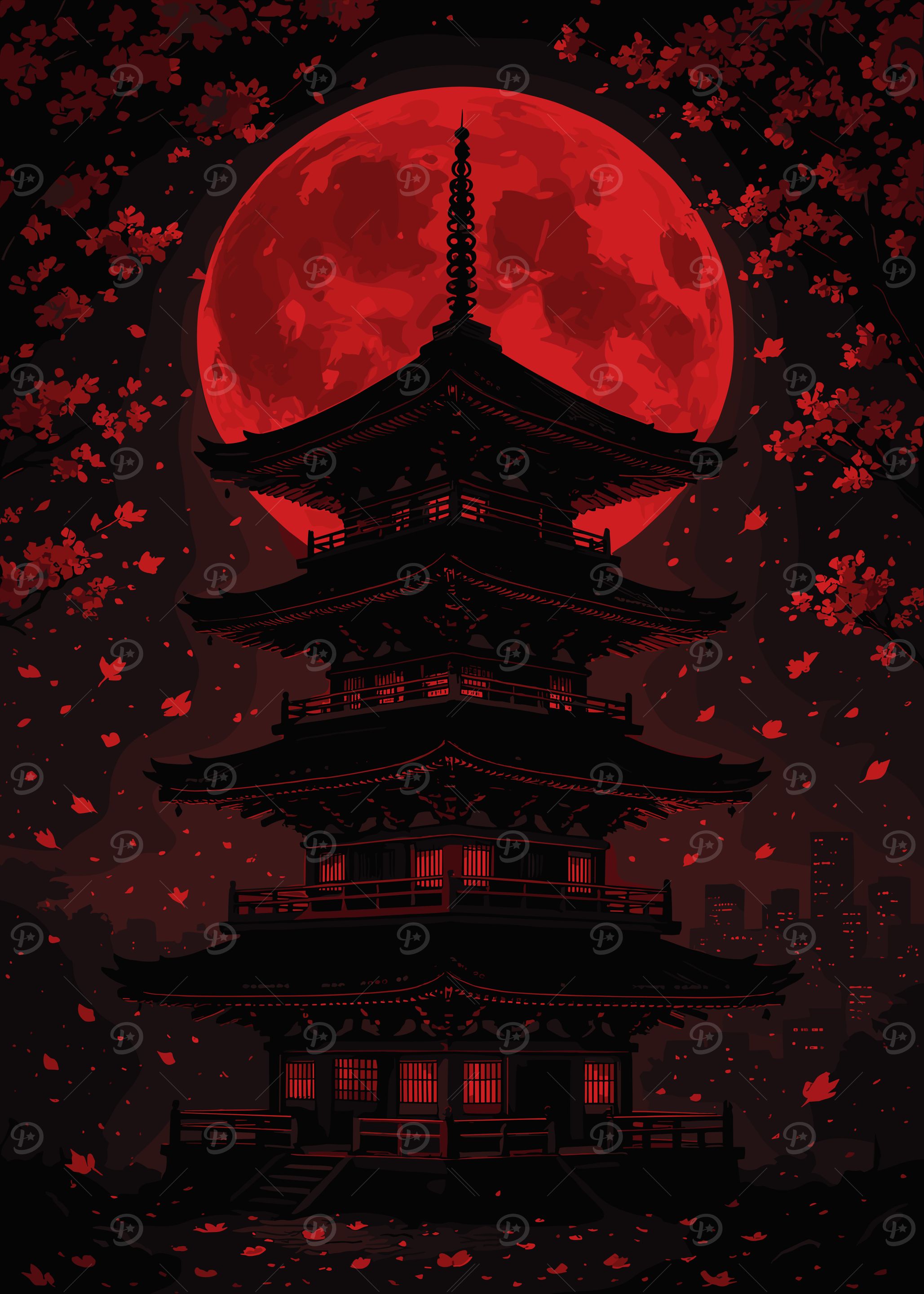 Japanese Pagoda Under Red Moon