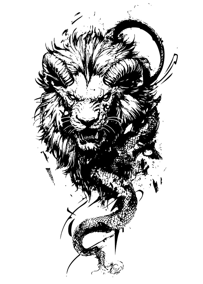 Lion and Snake Black Ink Illustration