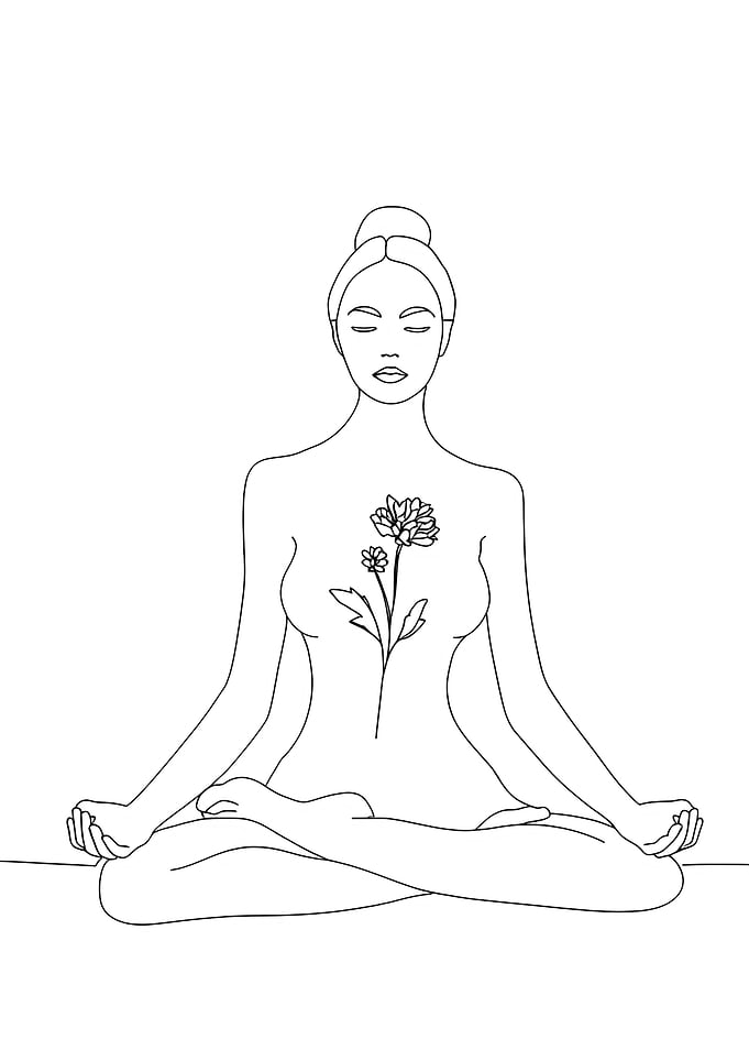 Meditating Woman with Flower Minimalist Line Art