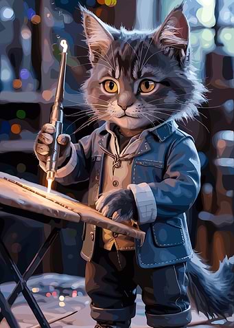 Cat Welder in Blue Jacket