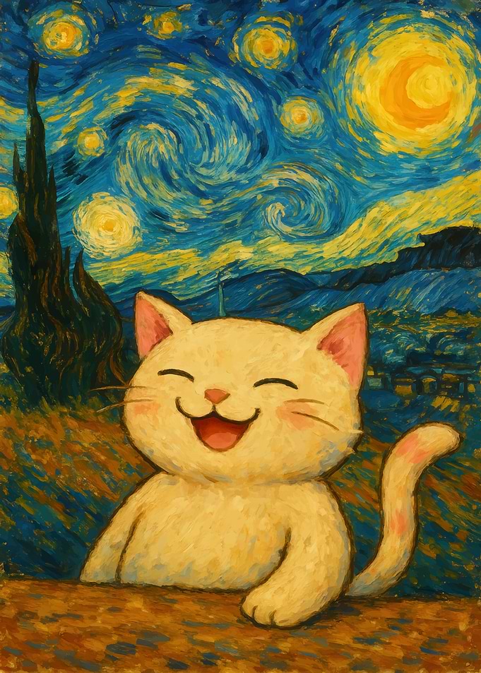 Smiling Cat in Starry Night Style