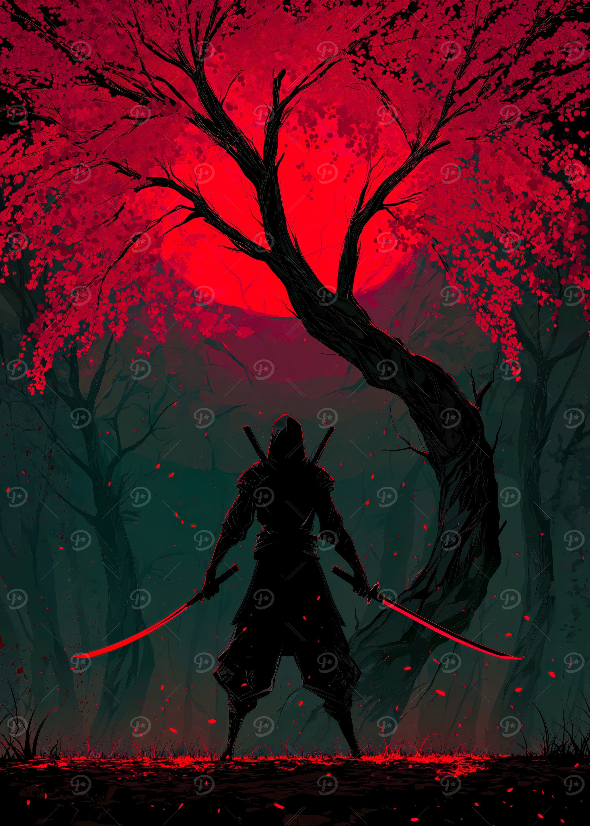 Ninja Silhouette Under Red Moon