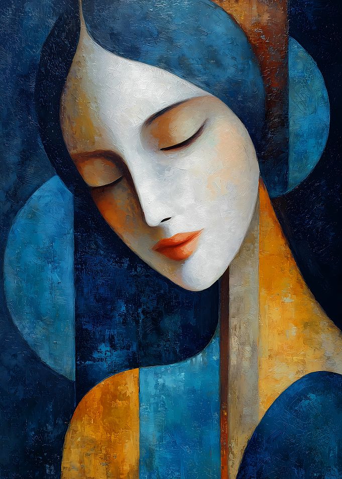 Abstract Woman Portrait in Blue and Gold