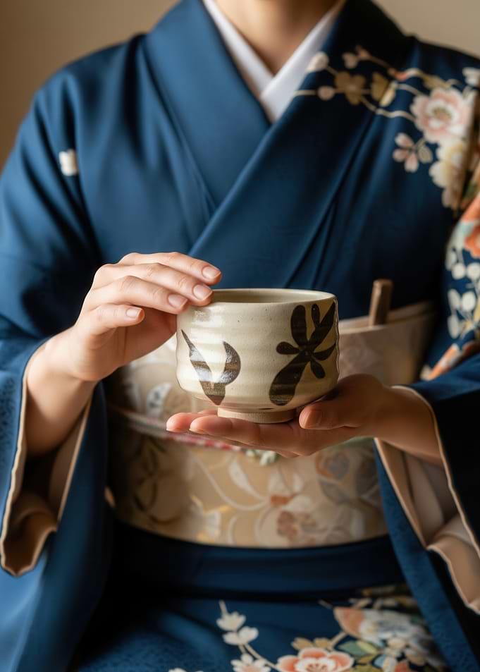 A Woman in Blue Kimono with Floral Patterns Holding a Ceramic Tea Bowl