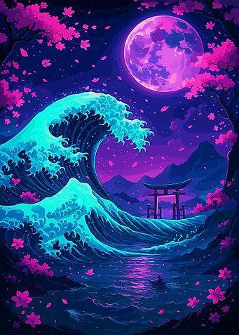 Neon Wave and Torii Gate