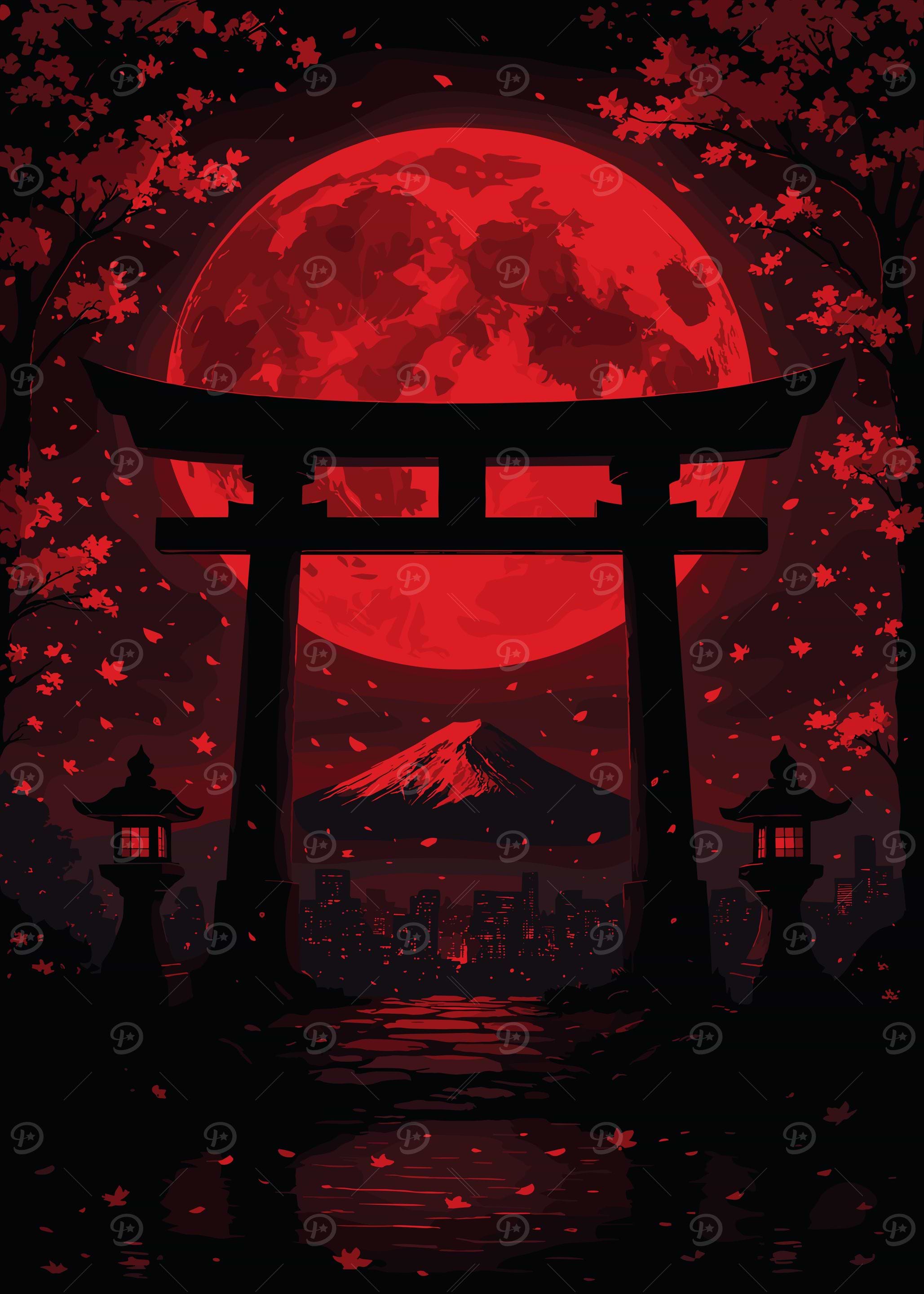 Japanese Torii Gate with Red Moon