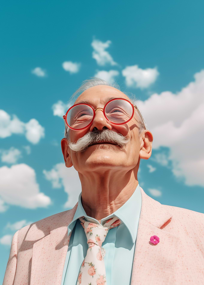 Man with mustache looking up at sky