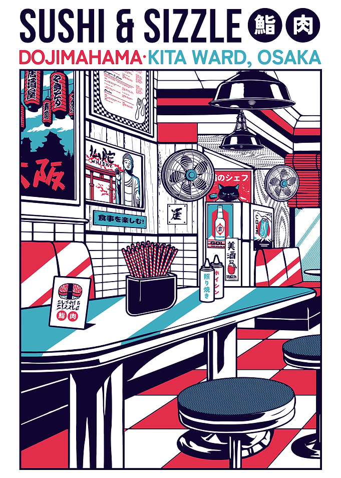 Sushi & Sizzle Restaurant Interior Illustration