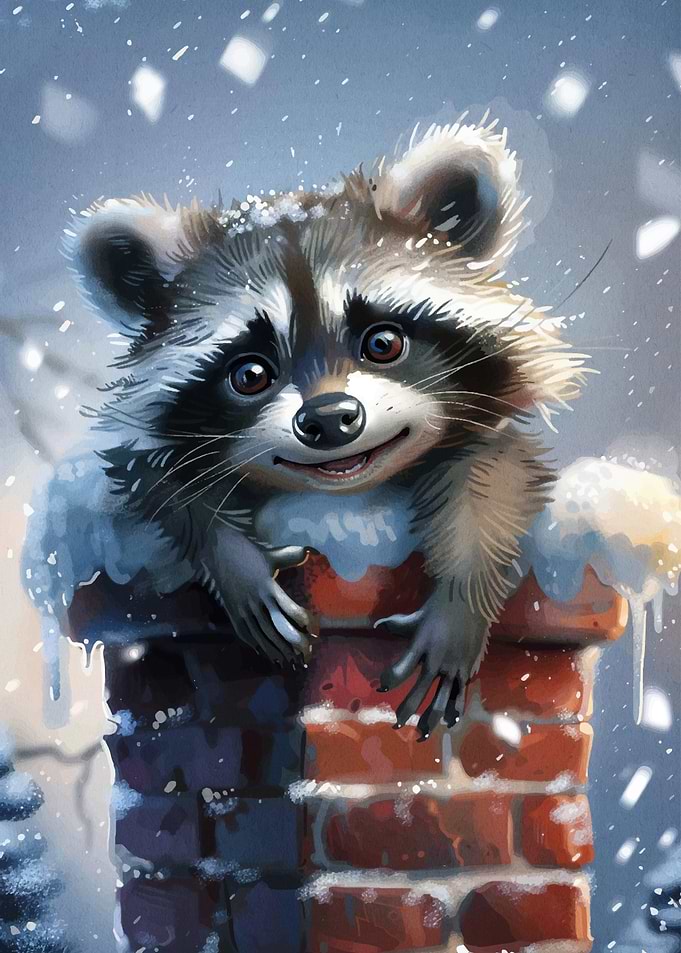 Raccoon in Chimney Winter Scene