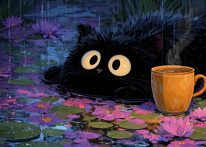 Black Cat in Lily Pond with Coffee