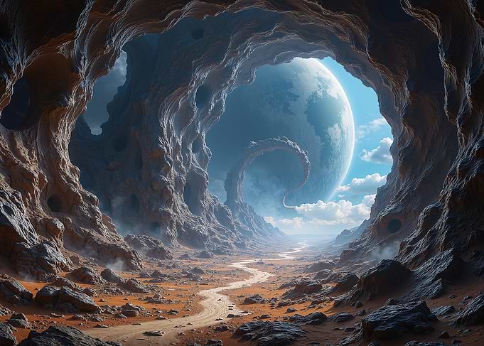 Alien Planet Landscape with Giant Moon