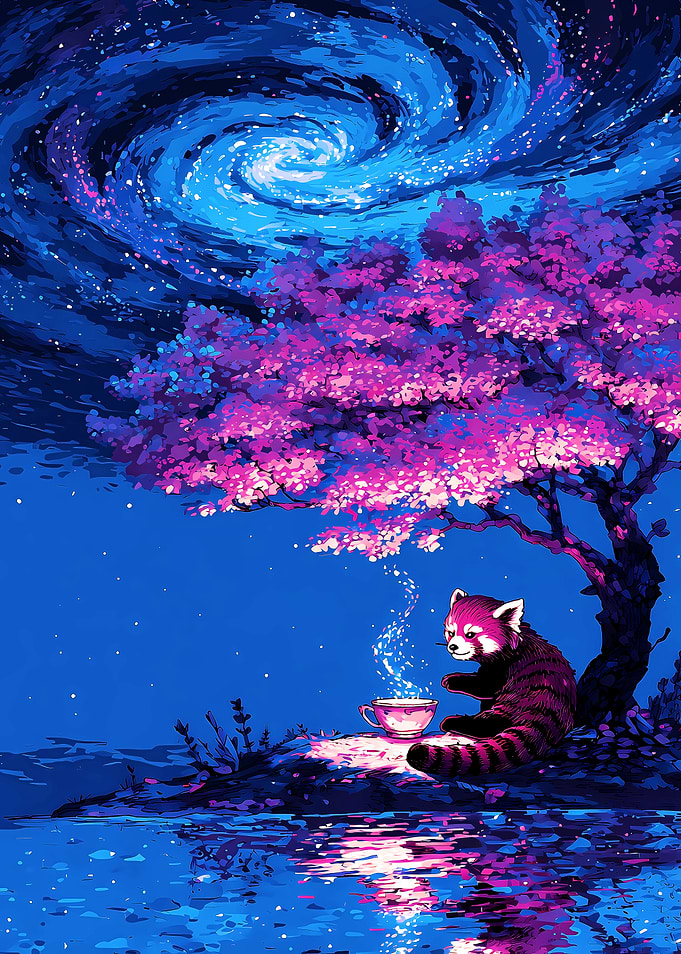 Red Panda Drinking Tea under a Galaxy Sky