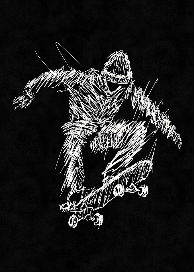 Skateboarder Scribble Art on Black