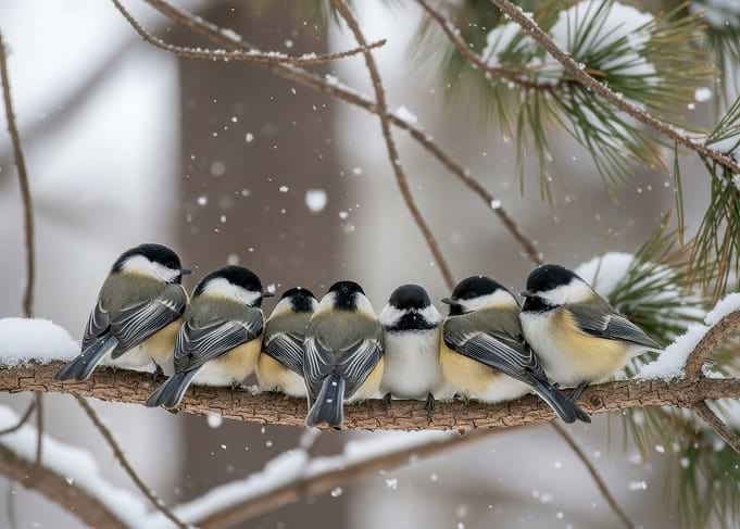 Chickadees on a Snowy Branch