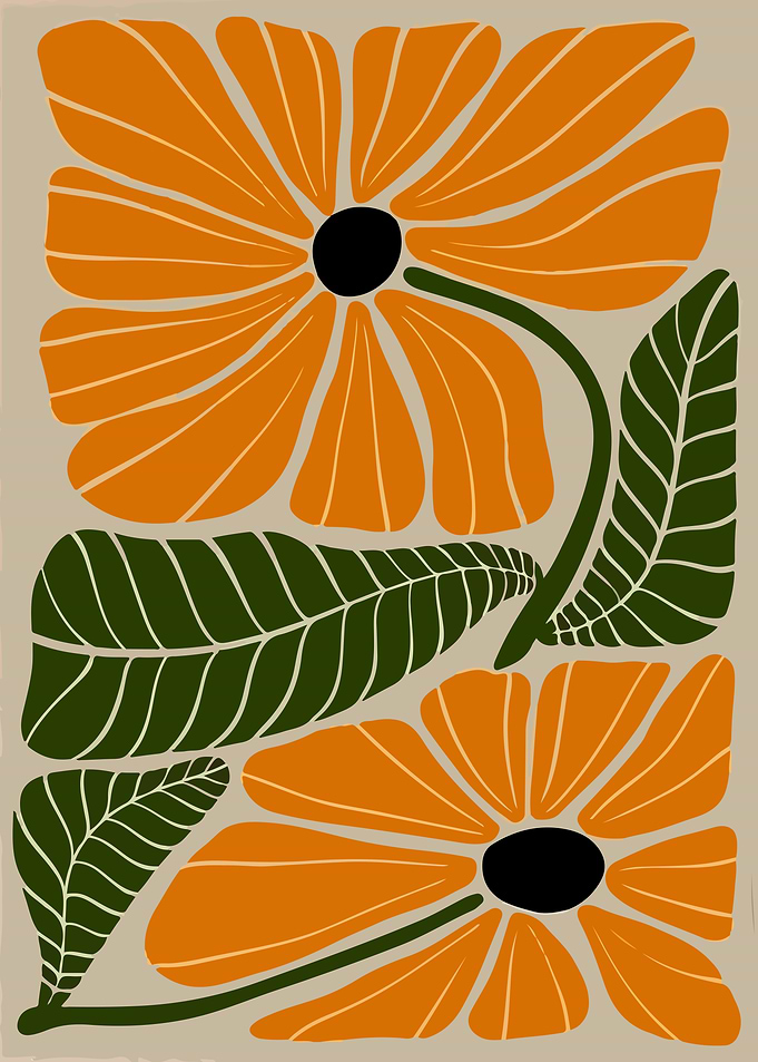 Floral Illustration with Orange Flowers and Leaves
