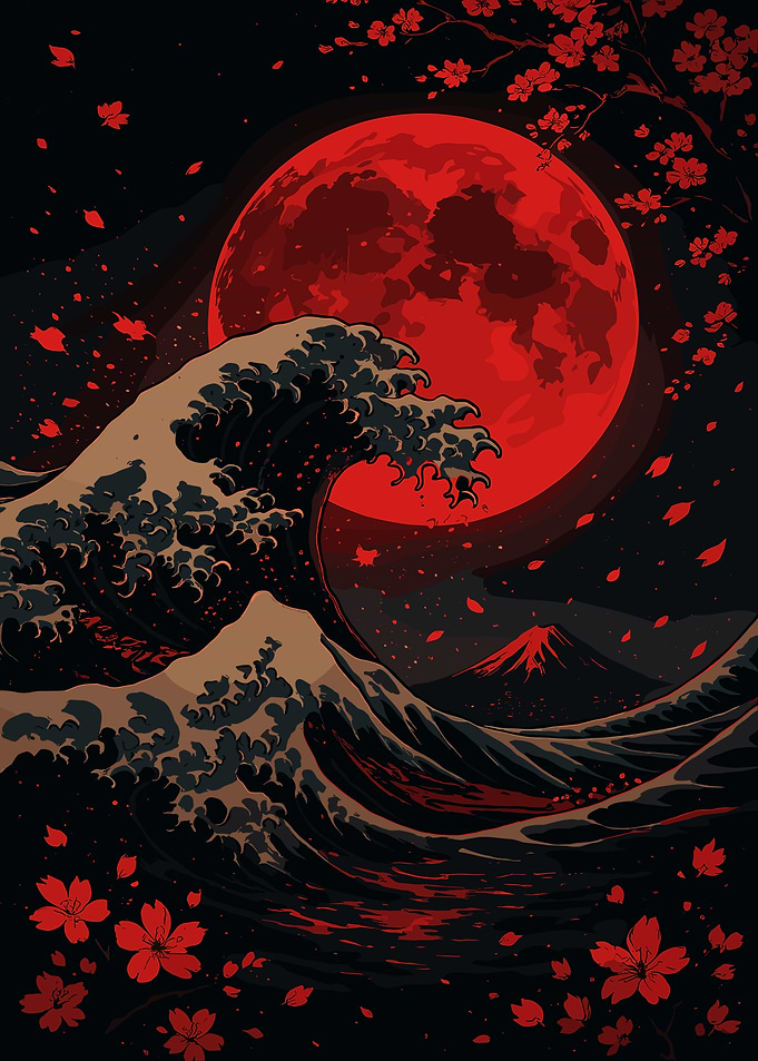 Red Moon Wave Japanese Art