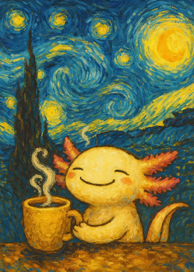 Axolotl Coffee Starry Night Painting