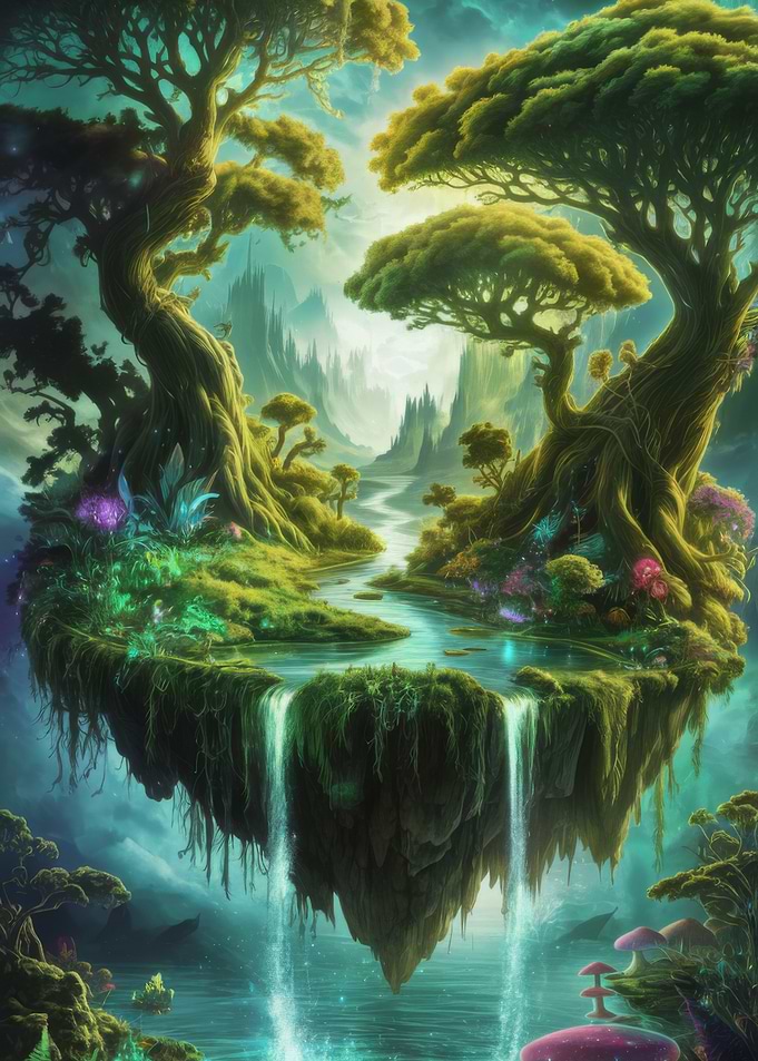 Floating Island with Waterfalls and Trees