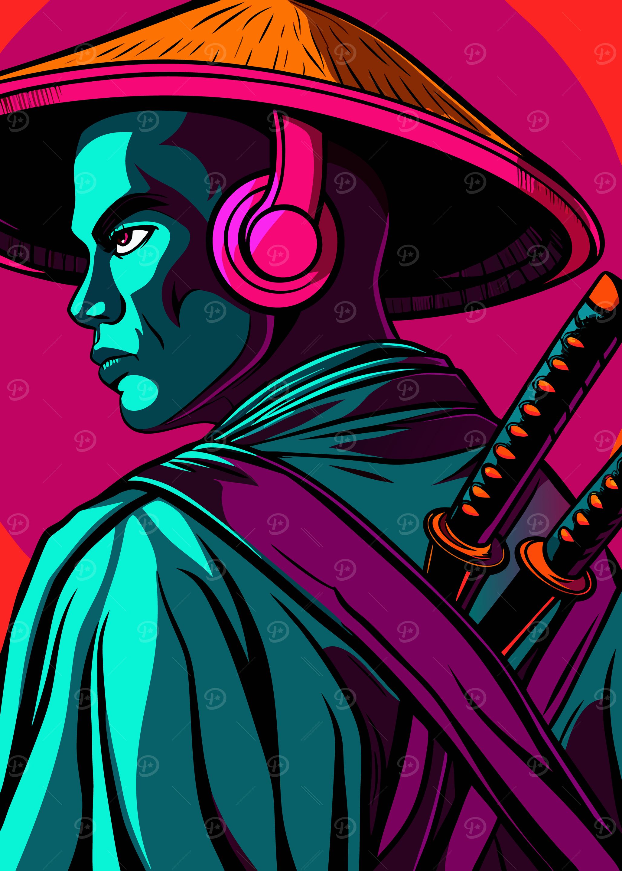 Samurai with Headphones Digital Art