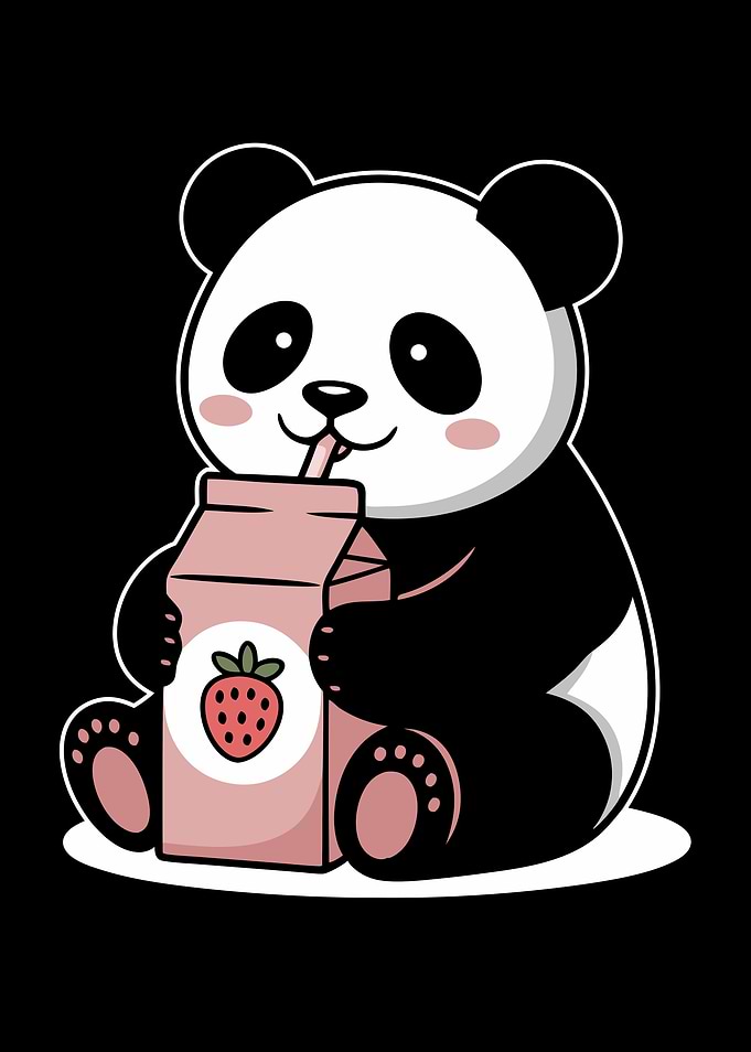 Cartoon Panda Drinking Strawberry Milk