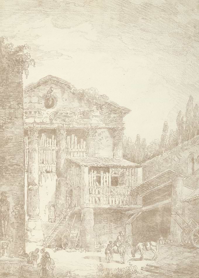 Antique Building Sketch with Figures