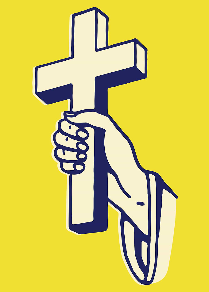 Hand Holding Cross on Yellow Background