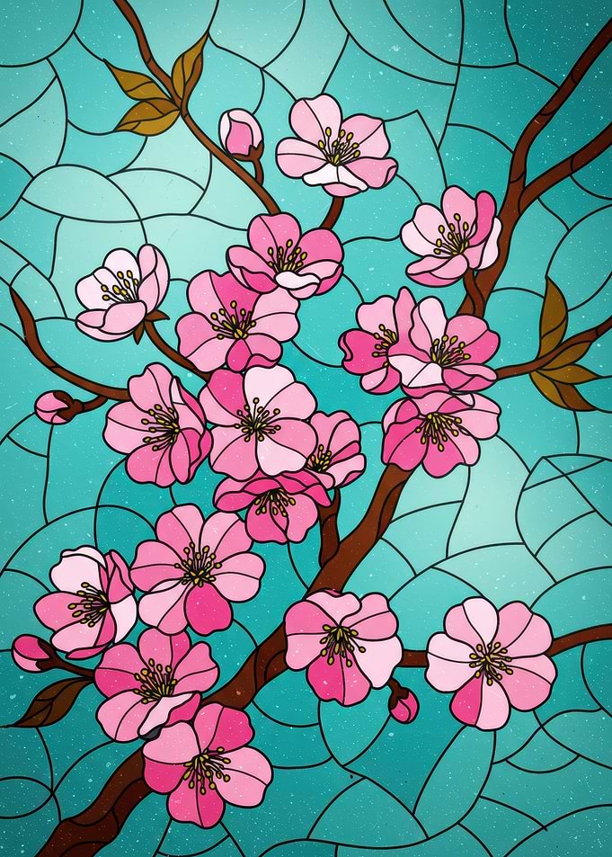 Cherry Blossoms Stained Glass Style Illustration