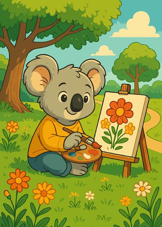 Koala Bear Painting Flowers Cartoon