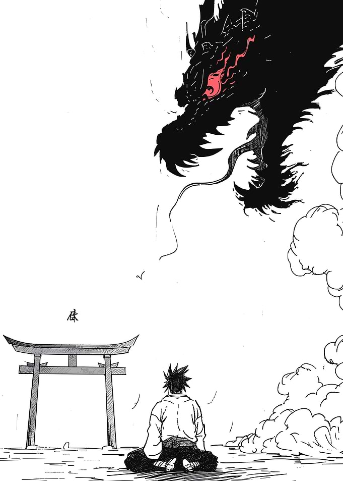 Dragon and Meditating Man near Torii