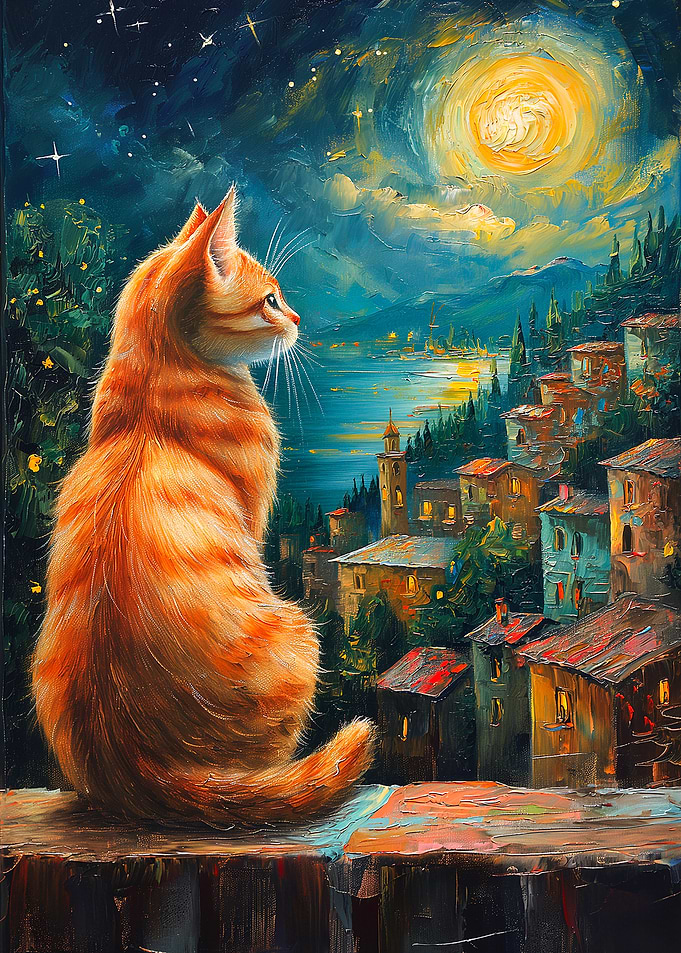 Cat gazing at a moonlit village