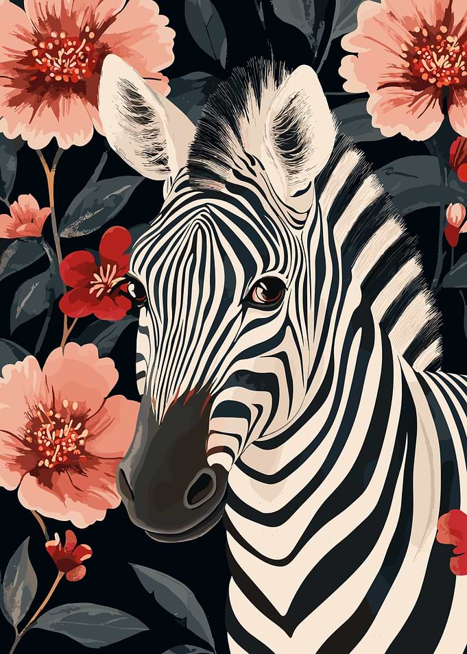 Zebra Portrait with Floral Background