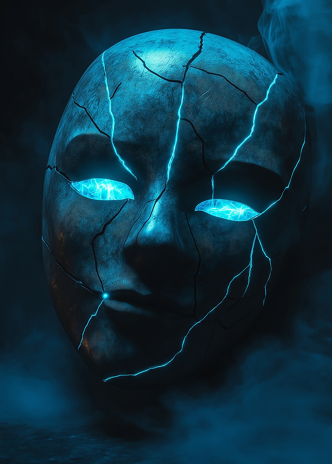 Cracked Mask with Glowing Blue Lines and Eyes