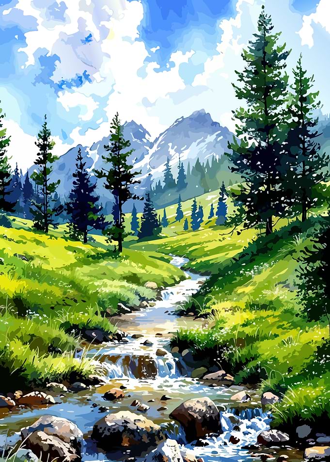 Mountain Stream Watercolor Landscape