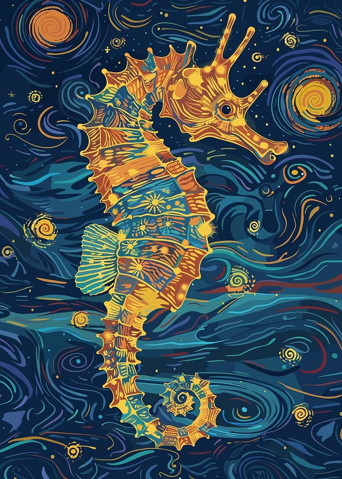 Seahorse in Starry Night Style