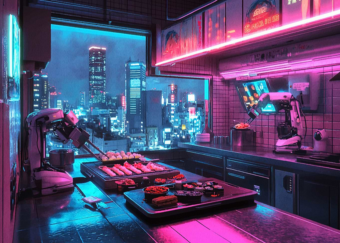 Cyberpunk Kitchen with Robotic Chefs