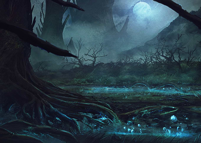Mystical Swamp Landscape with Glowing Water