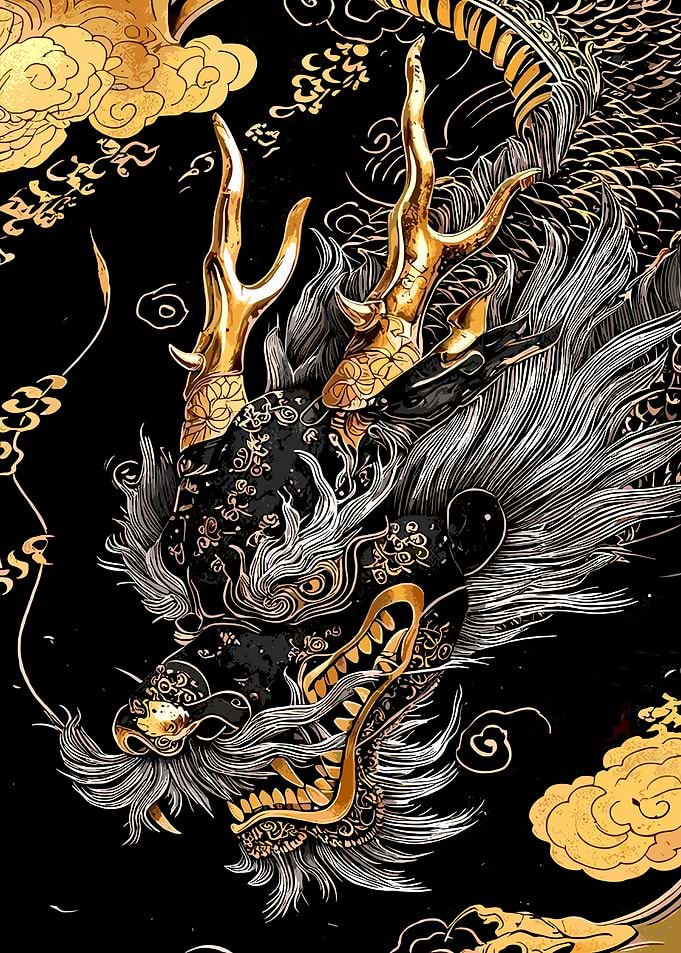 Golden Dragon on Black Background
