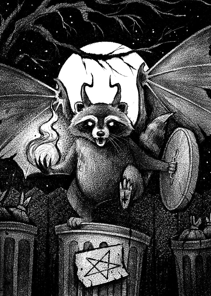 Devil Raccoon on Trash Can