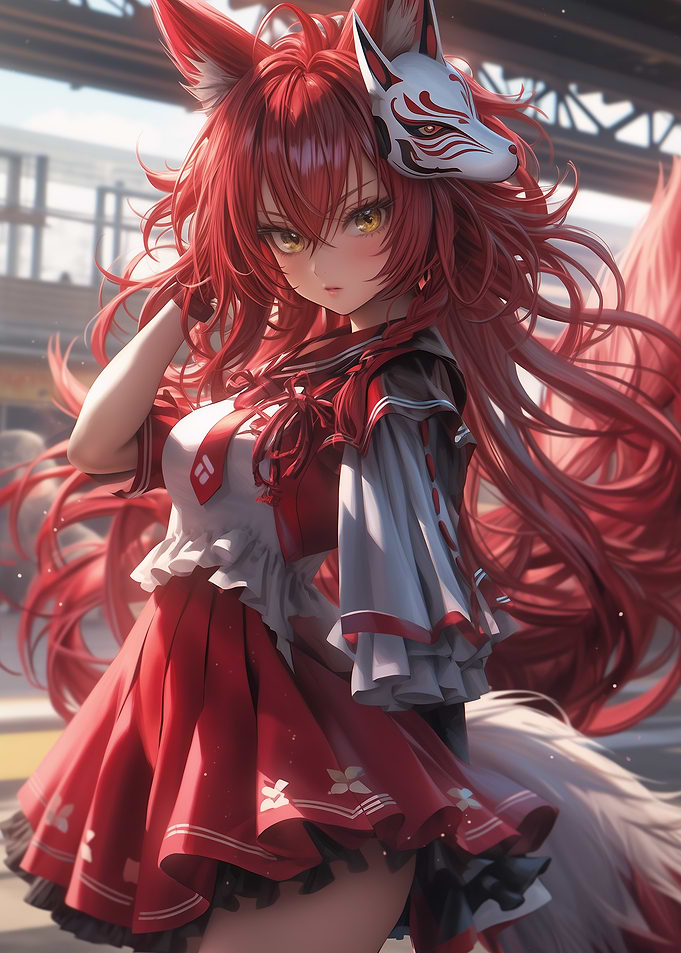 Anime Girl with Fox Mask and Ears