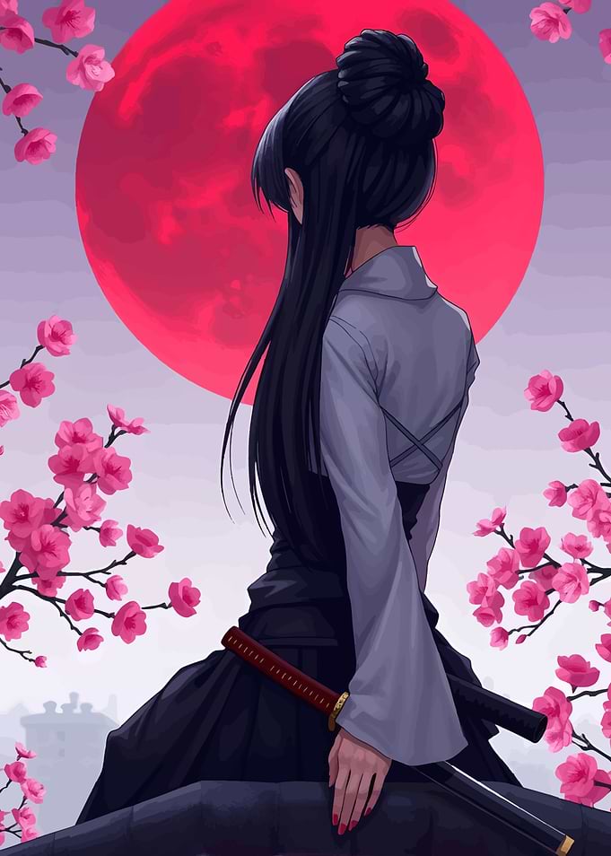 Anime Girl with Katana and Red Moon