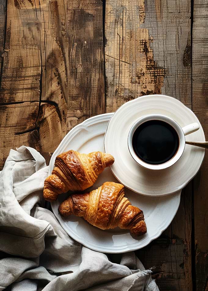 Croissants and Coffee on Rustic Wood